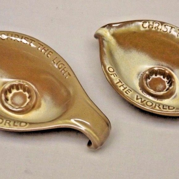 Frankoma Pottery Plainsman Brown Set of 2 Oral Roberts 1971 Candle Stick Holders - Picture 1 of 13